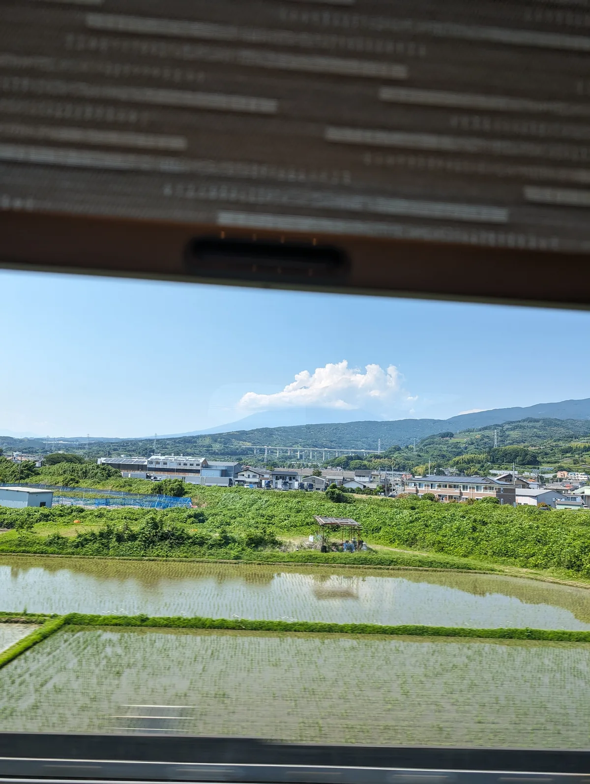 Scenic view from a Shinkansen train window of green rice paddies, scattered houses, and distant mountains in Japan.