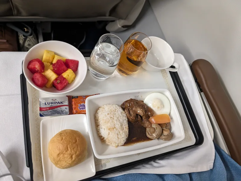 Philippine Airlines airplane meal tray with rice, meat stew, fried egg, vegetables, and bread roll