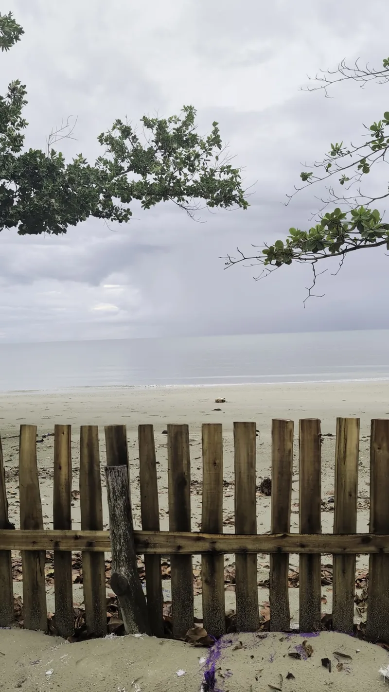 Wooden fence separating a sandy beach from choppy grey ocean water in Palawan