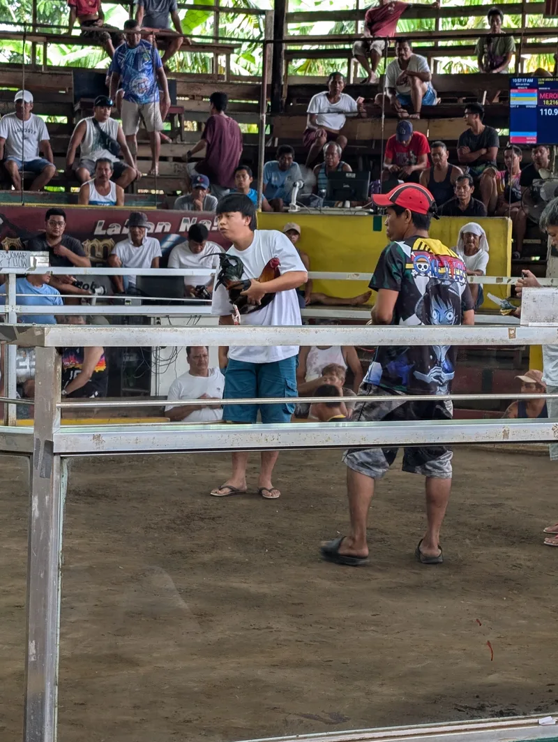 Two men standing in the cockfighting pit at the Liliw coliseum in Laguna, Philippines — one holding a rooster while spectators watch from the wooden bleachers.