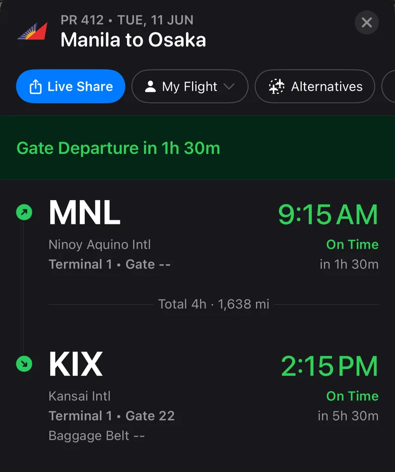 Philippine Airlines flight PR 412 details showing Manila to Osaka departure and arrival times.
