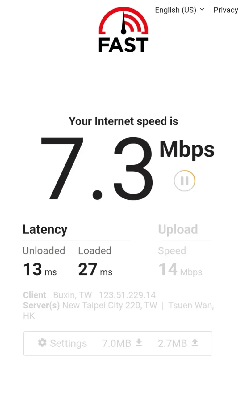Internet speeds weren't great at the airport FAST.com speed test showing 7.3 Mbps in Taiwan