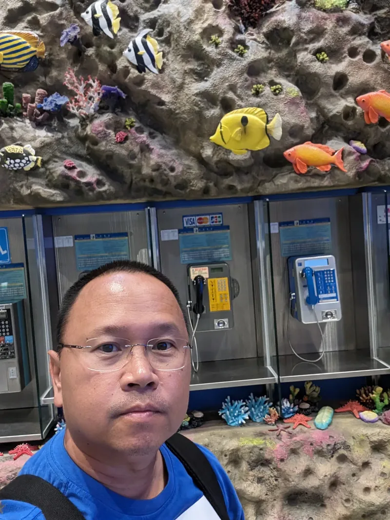 Man taking selfie in front of pay phones and fish wall decor