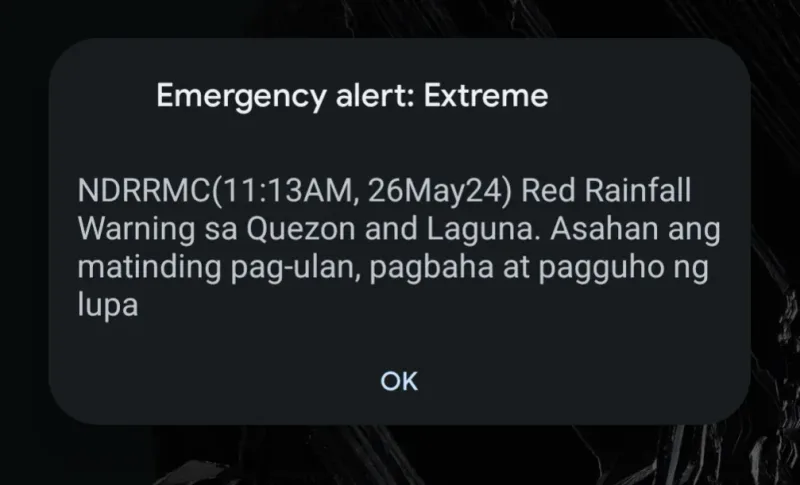 Welcome to the Philippines — here's a storm warning Emergency Red Rainfall Warning on phone