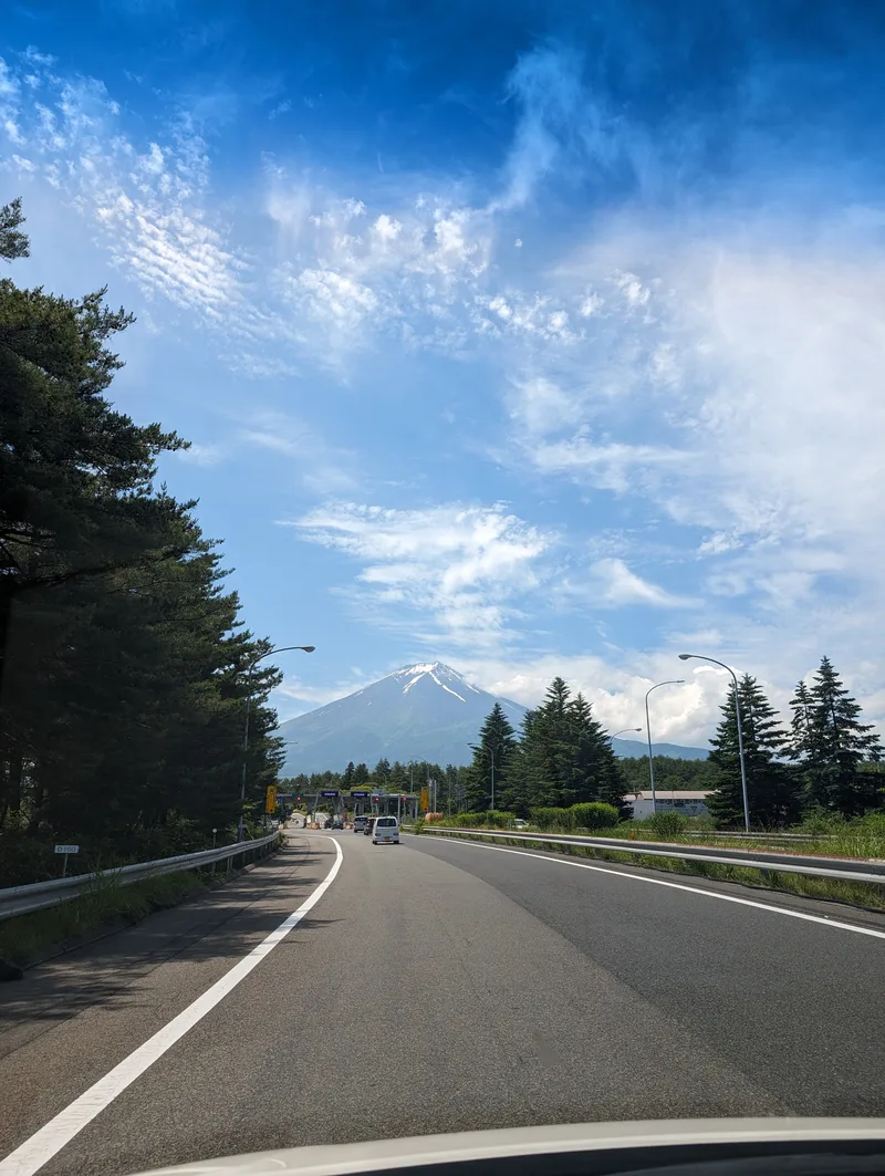 Road approaching a toll booth with Mount Fuji and tall pine trees in Fujiyoshida, Yamanashi, Japan.