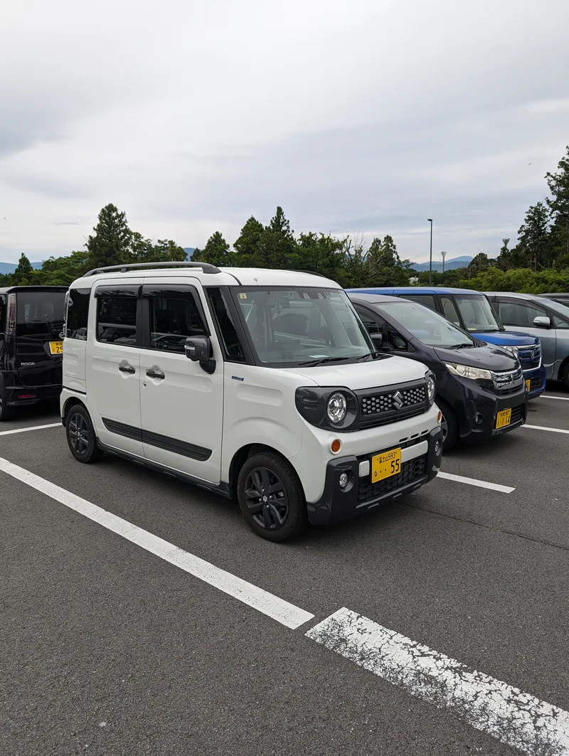White Suzuki Spacia Gear kei car parked in a lot in Japan.