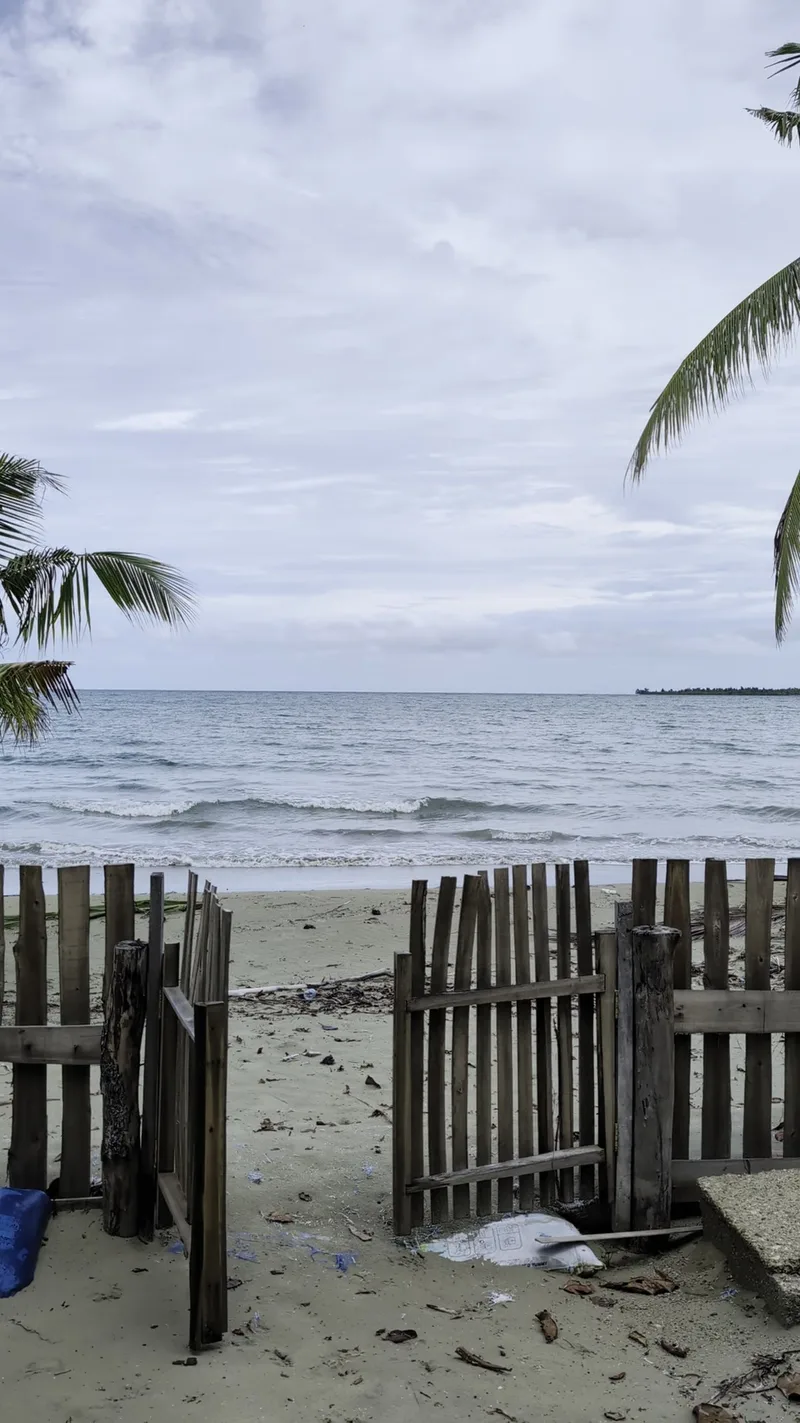 Wooden gate open leading to sandy beach and calm ocean with palm fronds framing the top at Henalric beach resort in Caramay Palawan
