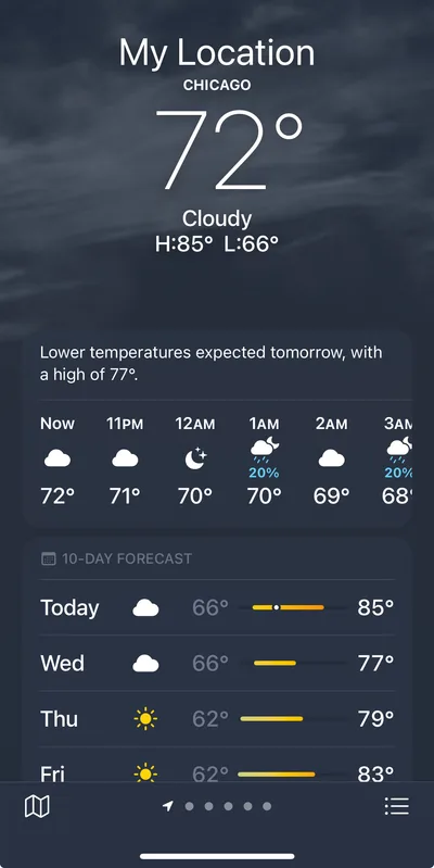 Chicago, Illinois weather app showing 72°F and cloudy on arrival night