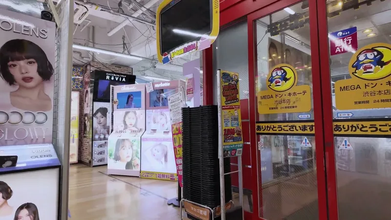 Cosmetics and beauty product displays inside Mega Don Quijote in Shibuya, Tokyo, Japan