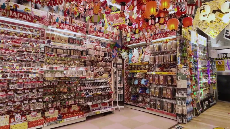 Packed shelves of merchandise and colorful signs with decorative lanterns inside Mega Don Quijote in Shibuya, Tokyo, Japan