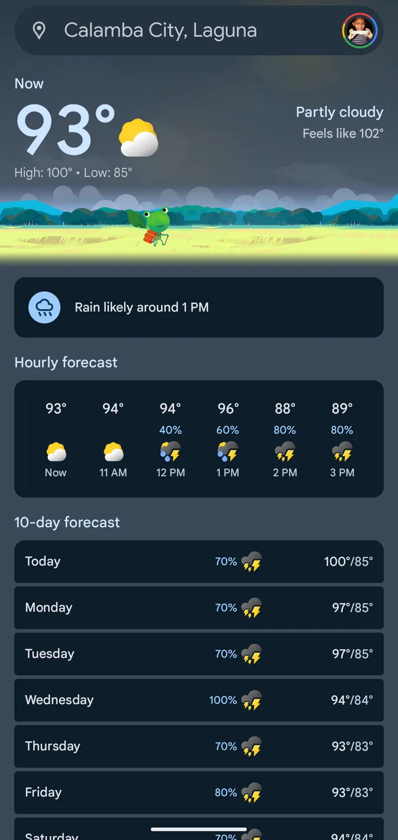 Weather forecast screenshot for Calamba City, Laguna showing 93°F, partly cloudy, and rain likelihood on June 2, 2024.